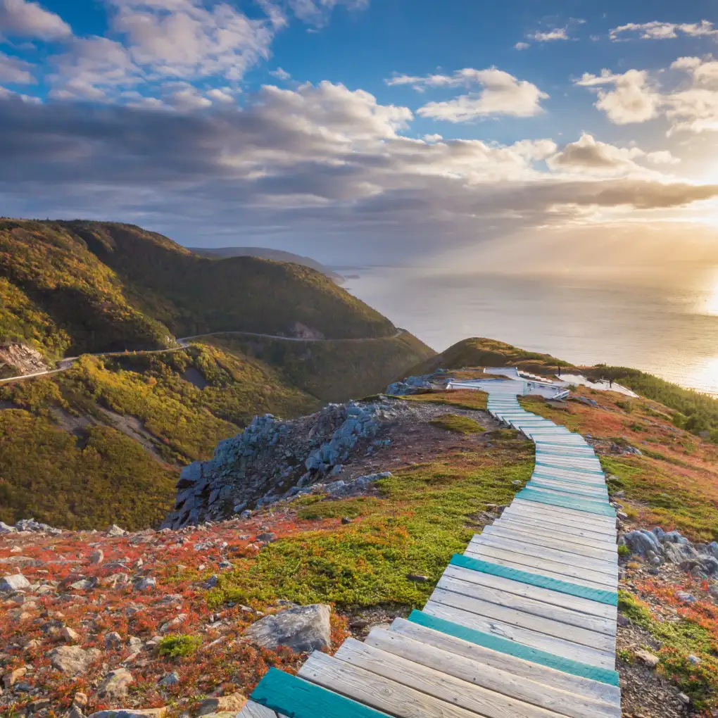 Nova Scotia skyline trail stretches along a hilltop looking out to the sun over the ocean