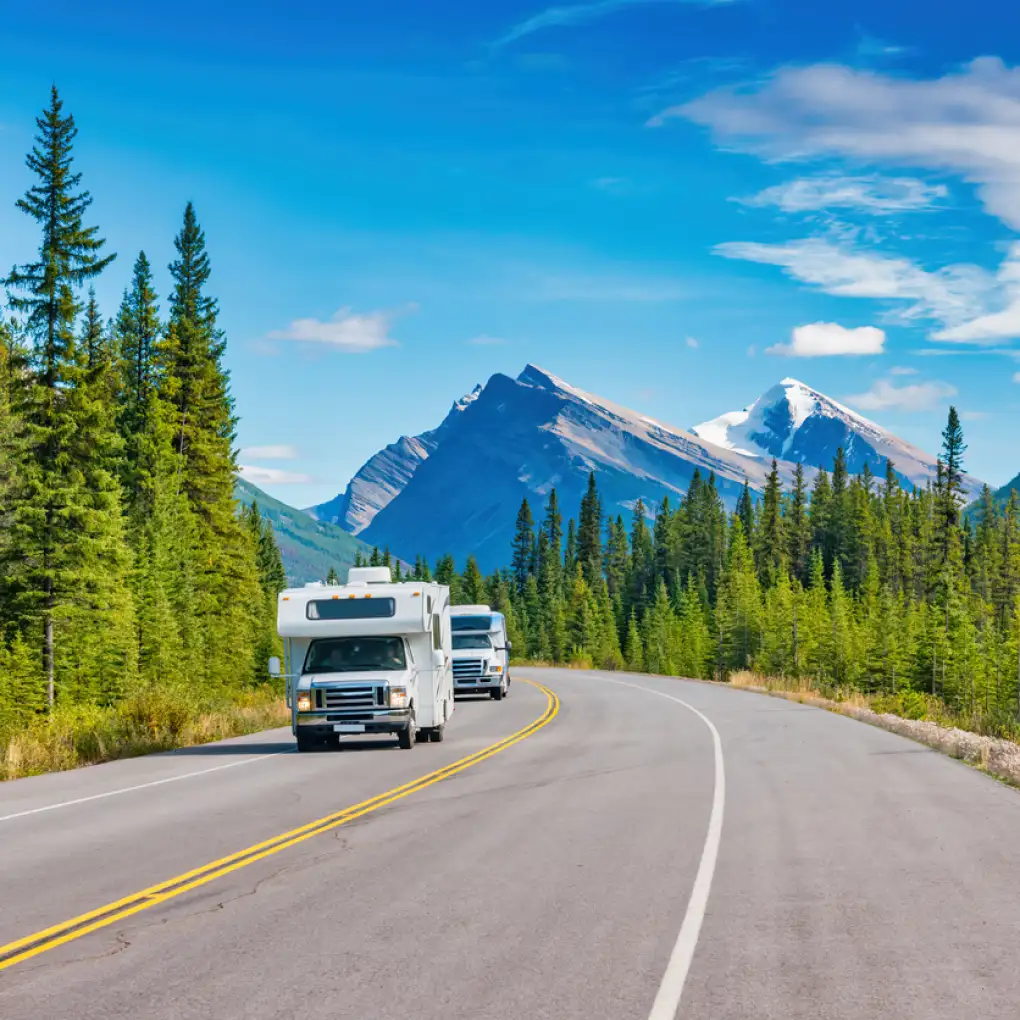 Motorhomes driving through Alberta and Canadian Rockies