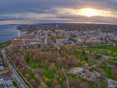 An aerial view over Kingston in Ontario, Canada